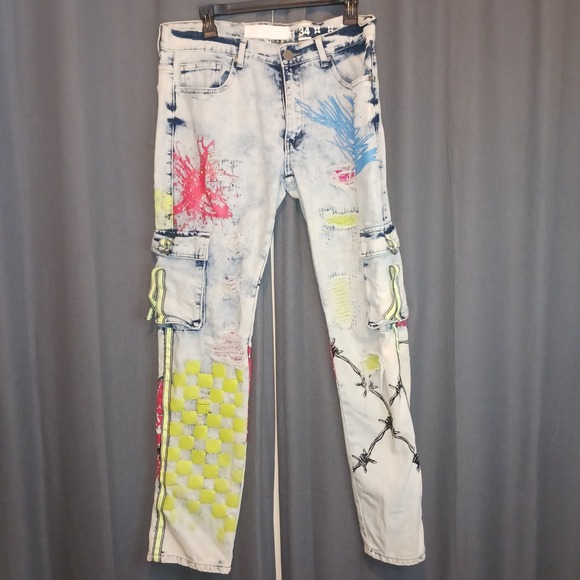 Maison Noir Mens Youth Motto Premium Apparel Distressed Cargo Jeans Pants 34 - Picture 1 of 8